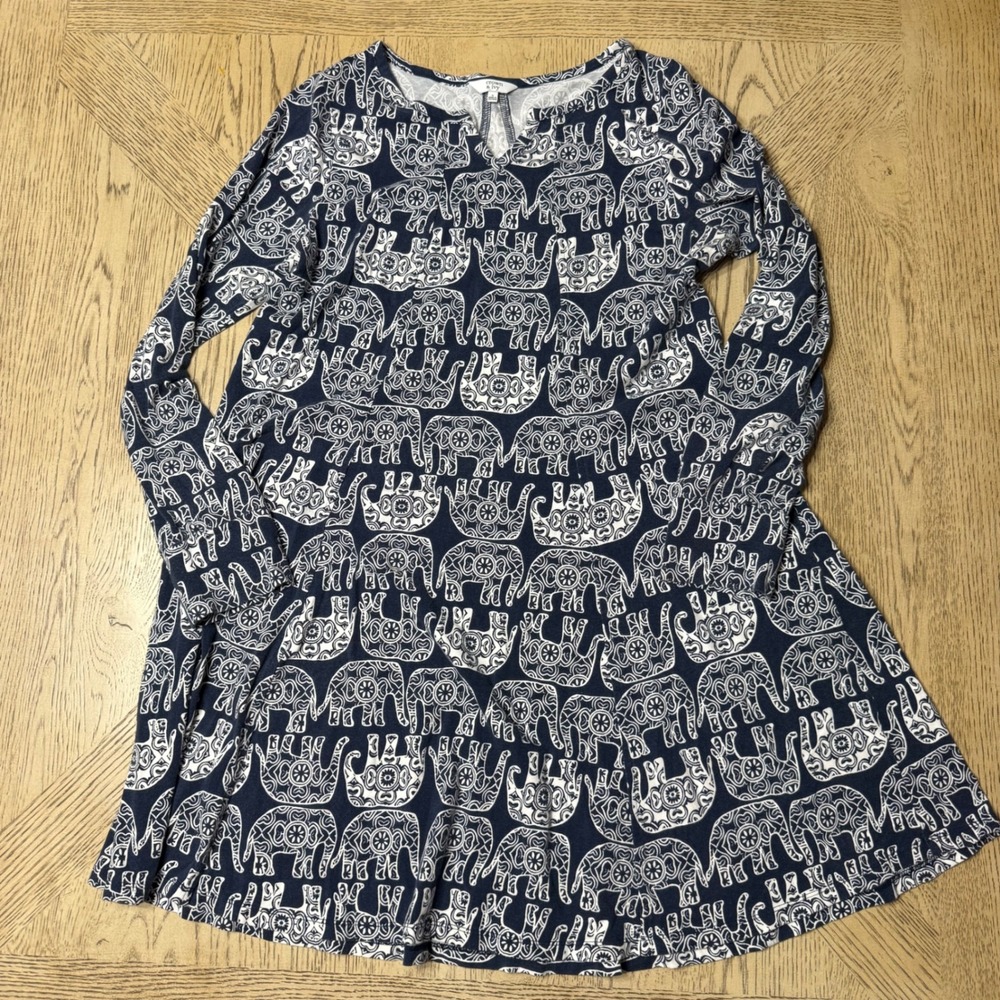Crown & Ivy Women's Small Elephant Print Long Sleeve Dress Navy White‎